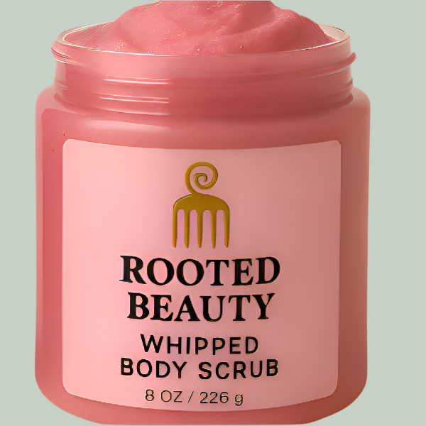 Pink whipped body scrub with a mesh bag on a beige background, branded as Rooted Beauty.