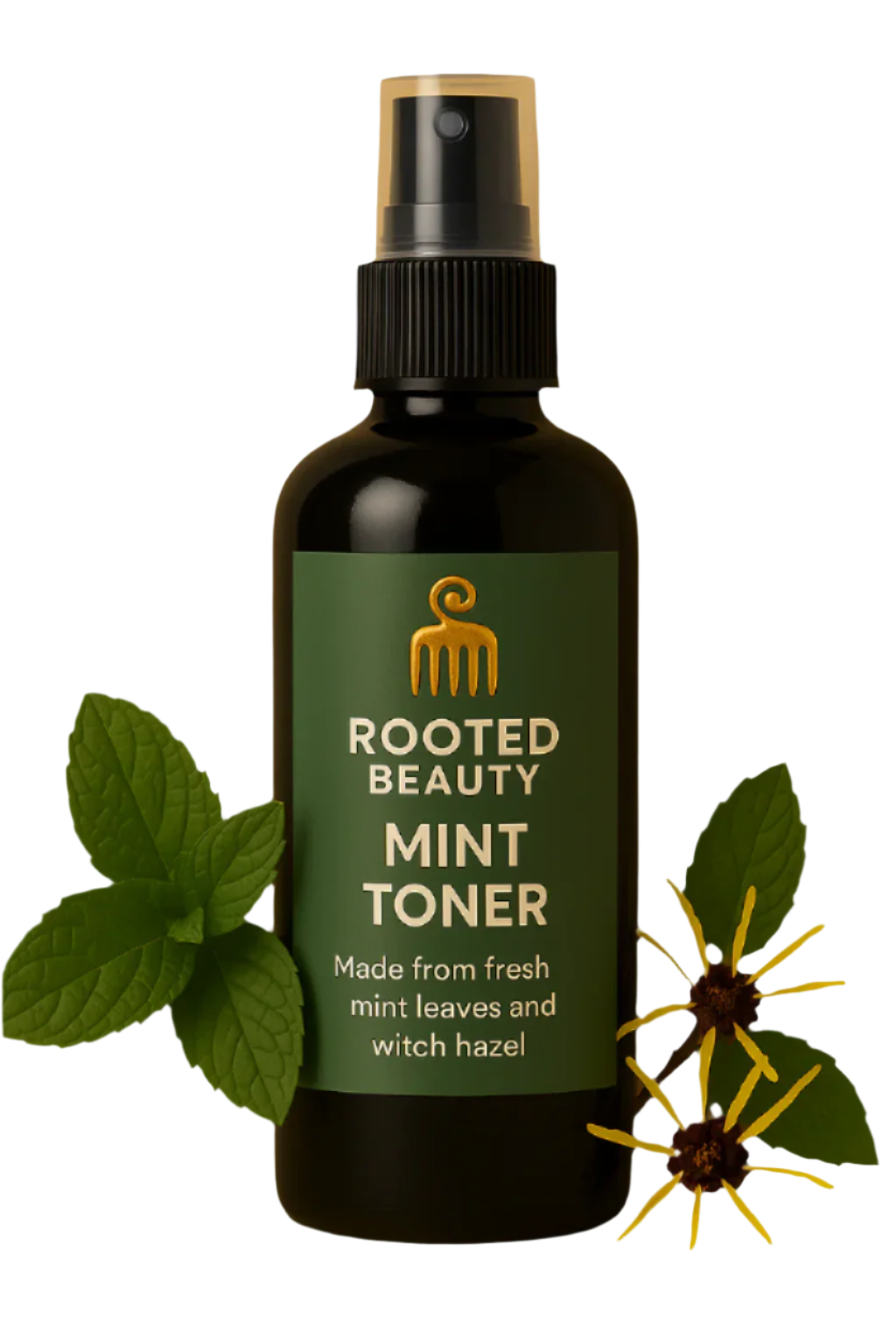 Rooted Beauty Mint Toner bottle with mint leaves and a sunflower on a beige background